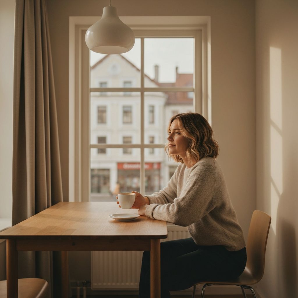 Frau sitzt am Fenster und genießt die Aussicht